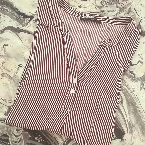 MARKS & SPENCER Womens Top Blouse Striped Red White Burgundy Cuffed Pocket - Picture 4 of 8
